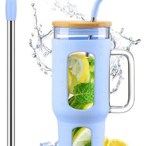 Blue Glass Water Bottle with Bamboo Lid